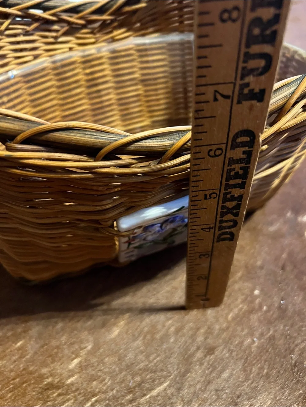 VTG Woven Wicker Ceramic Tile Oval Basket w/ 2 Flower Ceramic Handles